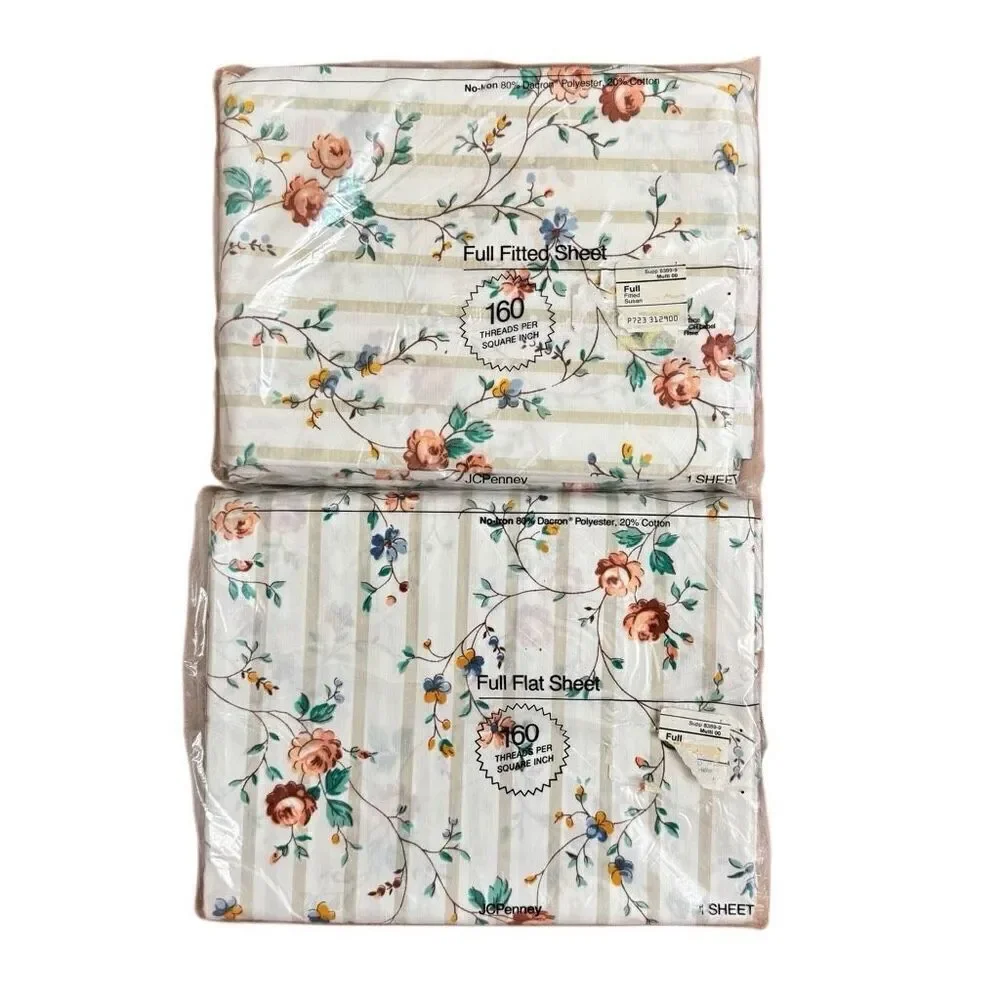 JCPenney Vintage Susan Striped Floral Full Size Fitted & Flat Sheet Set NEW